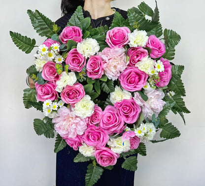 MUVIC Cemetery Flower Wreath - Elegant Heart-Shaped Memorial Floral Arrangement | 27-Inch Pink Hibiscus, Rose, Carnation, Daisy