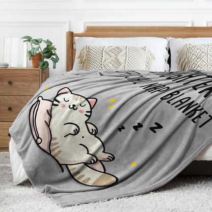 Daughter Nap Blanket - Grey 60x50 in | Cozy Flannel Fleece Throw with Sleepy Cat Design