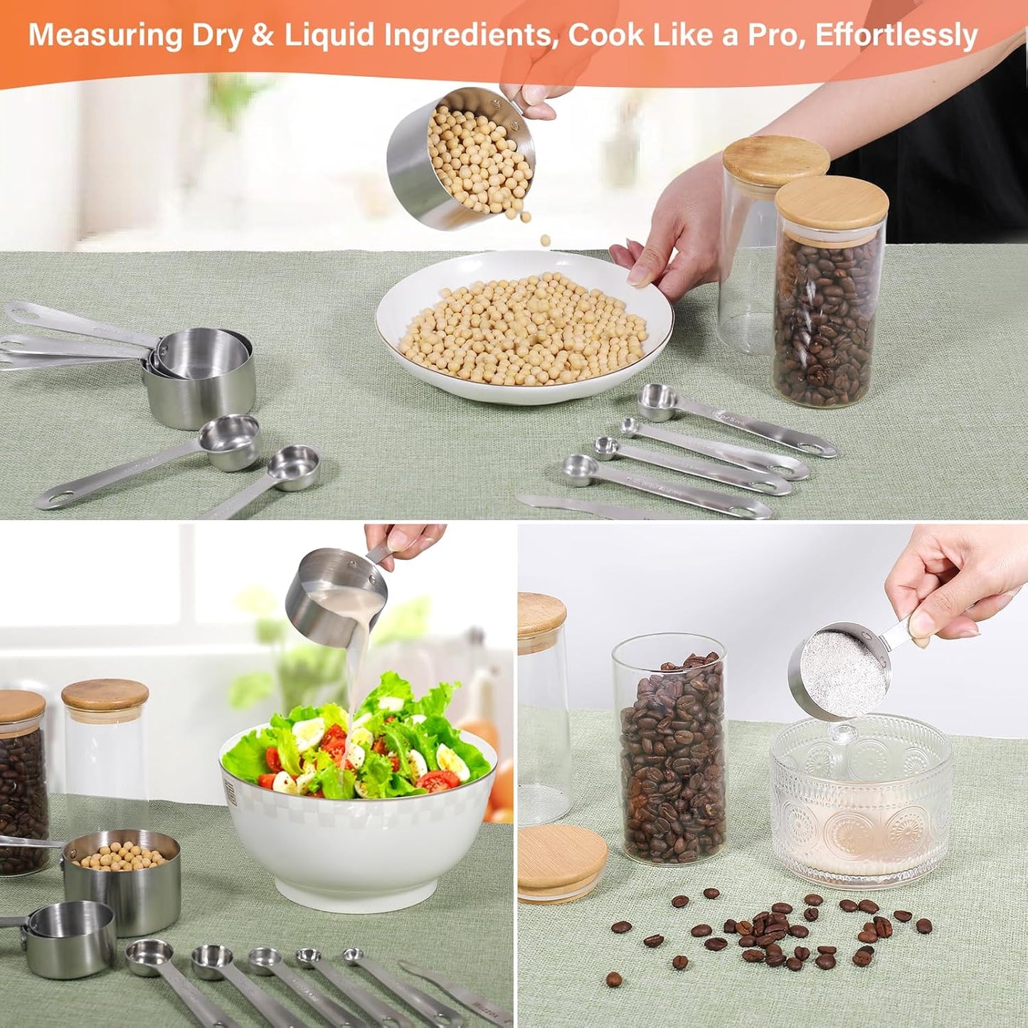 Stainless Steel Measuring Cups & Spoons Set - 11 Stackable Kitchen Gadgets for Cooking & Baking
