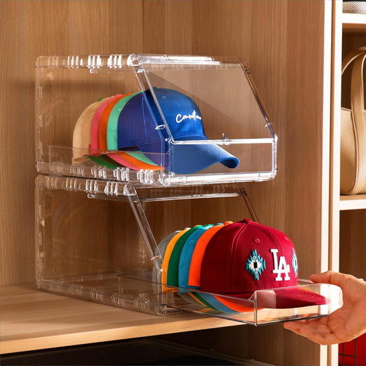 Ozueccr Hat Organizer - Stackable Clear Display Box for 15 Baseball Caps | Sliding Drawer & Anti-Slip Feet
