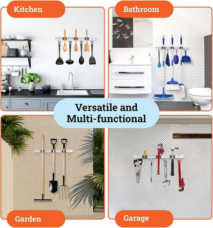 Homely Center Mop and Broom Holder Wall Mount - Heavy-Duty Organizer for Garage & Kitchen | 3 Racks & 4 Hooks