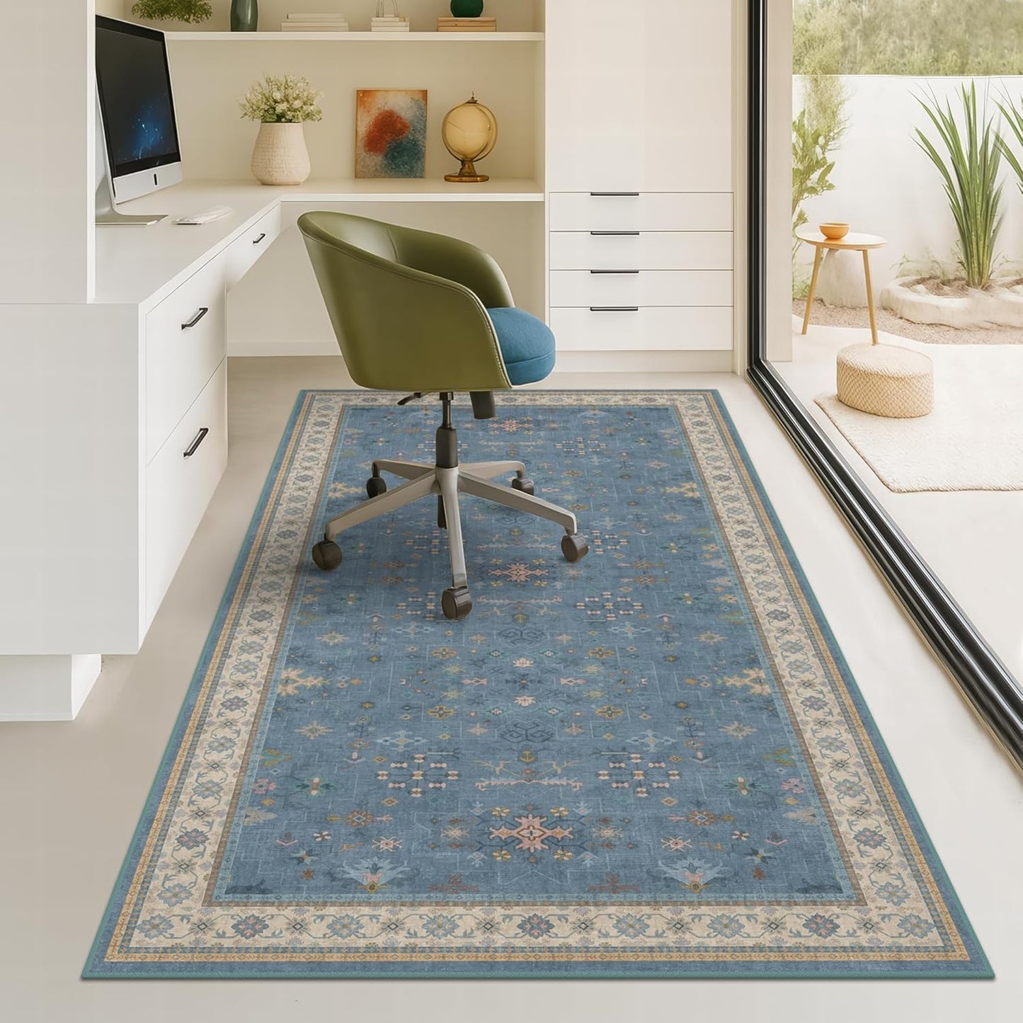 Skiennix Washable 4x6 Area Rug - Stain Resistant Non-Slip Design for Living Room & Kitchen | Light Blue & Aqua Floral Décor
