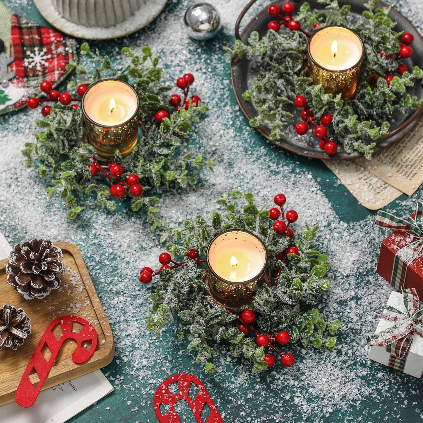 Regine Switzerland Christmas Candle Ring - 4 Pcs Gold Votive Candles with Red Berry Wreath for Holiday Centerpiece