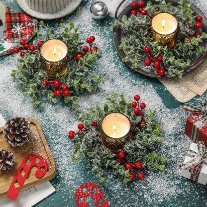 Regine Switzerland Christmas Candle Ring - 4 Pcs Gold Votive Candles with Red Berry Wreath for Holiday Centerpiece