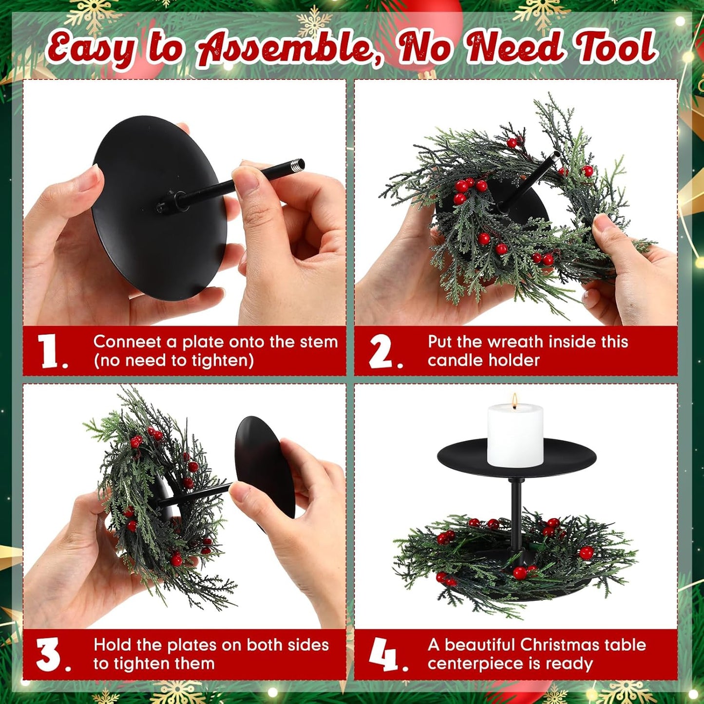 Baderke Christmas Candle Holders Set - 3 Sizes with Artificial Wreath & Red Berry Pine Garland Decor