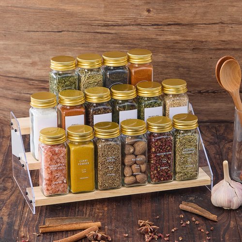 Fiwence 48 Pcs Glass Spice Jars with 576 Labels, 4oz Empty Square Spice Containers,Seasoning Bottles with Gold Metal Caps - Shaker Lids, Funnel and Chalk Pen Included