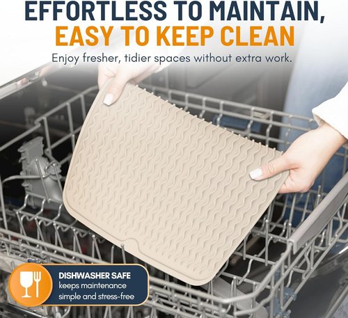 Linda’s Essentials Silicone Dish Drying Mat - Non-Slip & Heat-Resistant 16 x 12 Inch Kitchen Pad | Beige