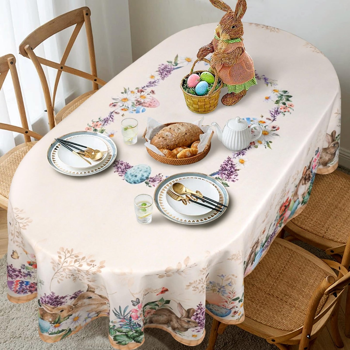 uwdfnwuif Easter Oval Tablecloth 60" x 120" Waterproof Fabric Spring Easter Bunny Table Cloths for Indoor Outdoor Kitchen Dining
