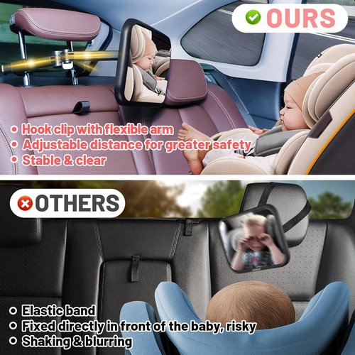 Baby Car Mirror - 360° Flexible Arm for Clear View | Easy Install Hook Clip for Rear Facing Infants