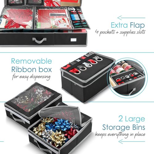 Hearth & Harbor Holiday Storage | Extra 2 PC Christmas Bins & Ribbon Organizer - Fade Resistant, Fits 30 Rolls