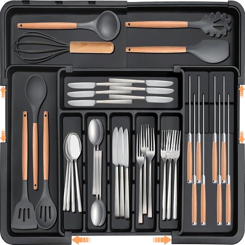 Homecor Silverware Organizer - Expandable Kitchen Drawer Utensil Tray with 2 Removable Knife Blocks | 22"x19" (Black)