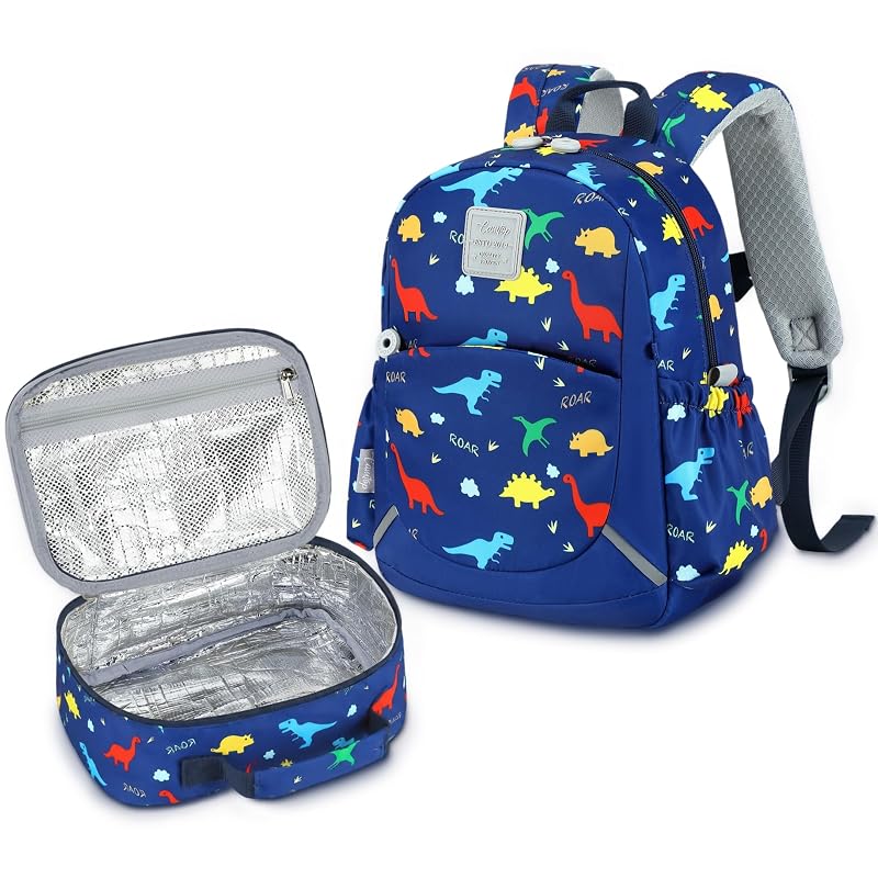 Camtop 12-Inch Toddler Backpack for Boys - Navy Dinosaur Lunch Bag Set