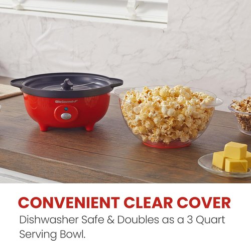 Elite Gourmet Automatic Stirring Popcorn Maker - 12-Cup Nonstick Ceramic Design, Red | Perfect for Home Parties