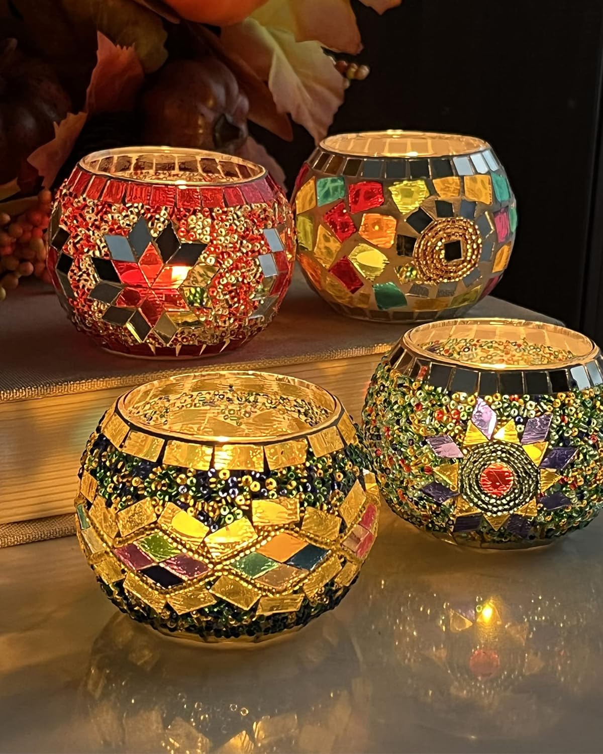 SHMILMH Glass Candle Holder Set - Handmade Mosaic Tealight Holders for Diwali & Christmas | 4-Pack