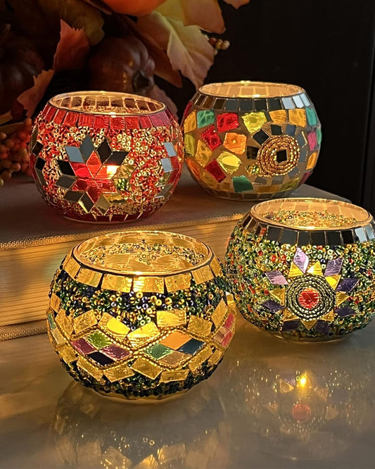 SHMILMH Glass Candle Holder Set - Handmade Mosaic Tealight Holders for Diwali & Christmas | 4-Pack