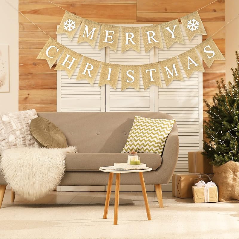 Merry Christmas Burlap Banner Set - 16 Pcs Pre-Assembled Snowflake Garlands