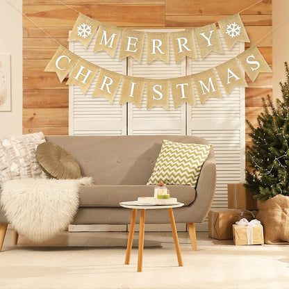 Merry Christmas Burlap Banner Set - 16 Pcs Pre-Assembled Snowflake Garlands