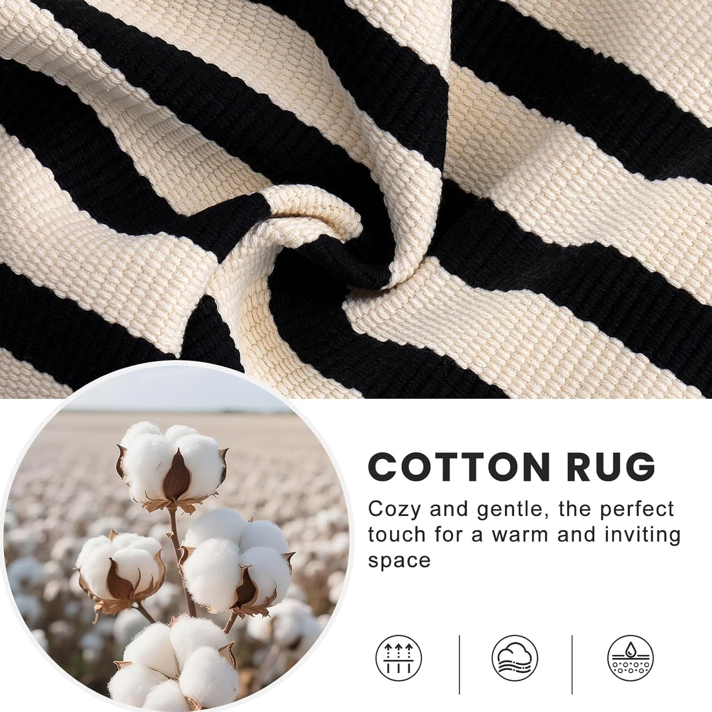 OLANLY Striped Rug - Washable Beige and Black Cotton Doormat | 4' x 6' for Indoor & Outdoor Use