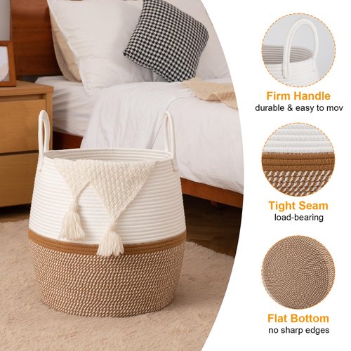 OIAHOMY 60L Blanket Basket with Handle, Storage Basket for Living Room, Laundry Hamper for Clothes, Towels, Pillows, Toy Storage for Kids and Dogs, Baby Hamper for Nursery - Brown & White
