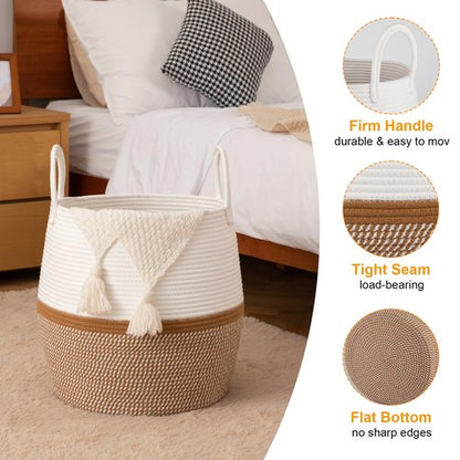 OIAHOMY 60L Blanket Basket with Handle, Storage Basket for Living Room, Laundry Hamper for Clothes, Towels, Pillows, Toy Storage for Kids and Dogs, Baby Hamper for Nursery - Brown & White
