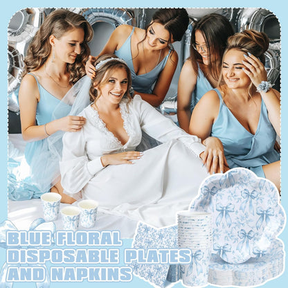 Newtay Disposable Tableware Set - 250 Pcs Blue Floral Plates, Napkins & Cups for 50 Guests | Perfect for Weddings & Bridal Showers