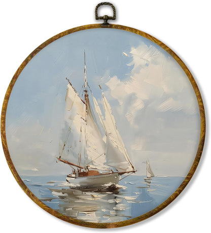 Shiviody Coastal Sailboats Canvas Wall Art - Nautical Ocean Decor for Beach House | 10"x10" Round Prints