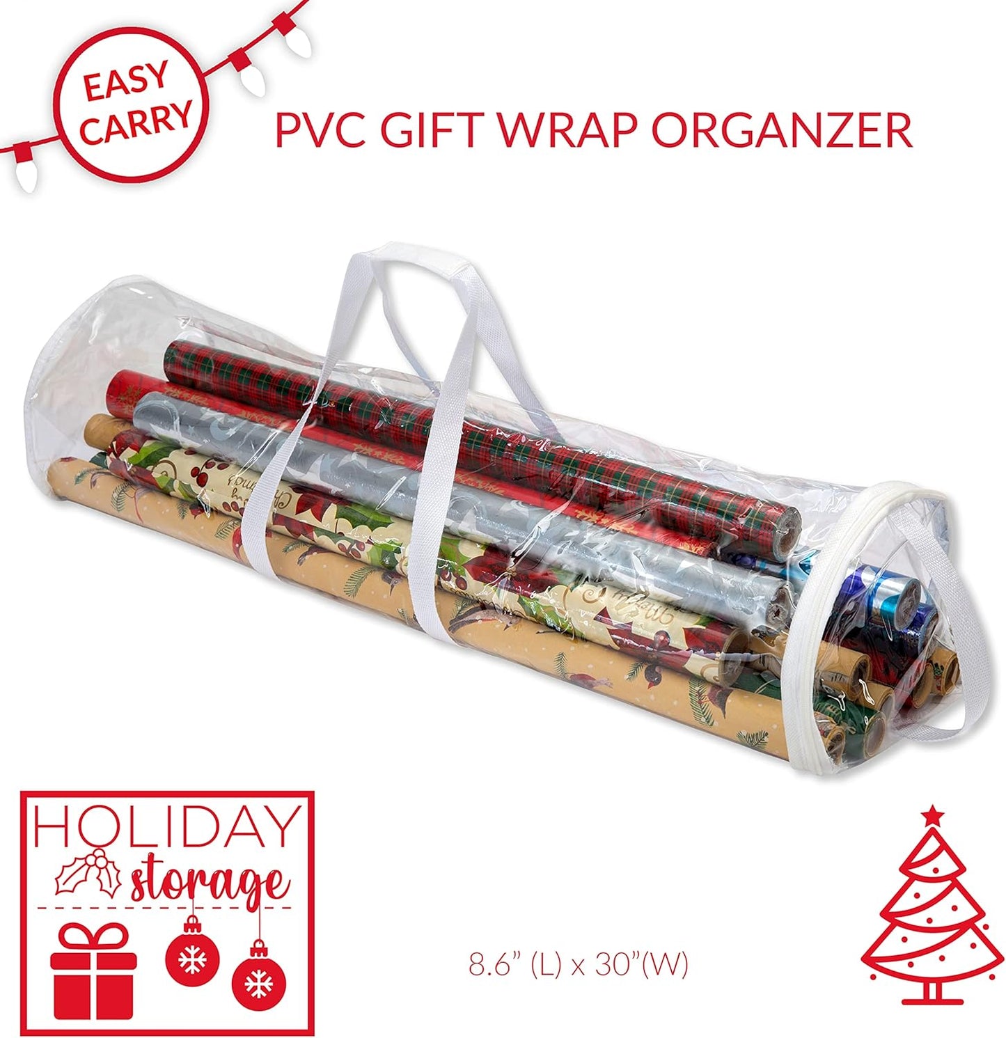 Simplify Clear Gift Wrap Storage Bag - Holds 30" Long Wrapping Paper Rolls | Zipper Closure | Easy Carry Hangers | Red