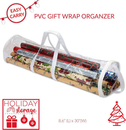 Simplify Clear Gift Wrap Storage Bag - Holds 30" Long Wrapping Paper Rolls | Zipper Closure | Easy Carry Hangers | Red