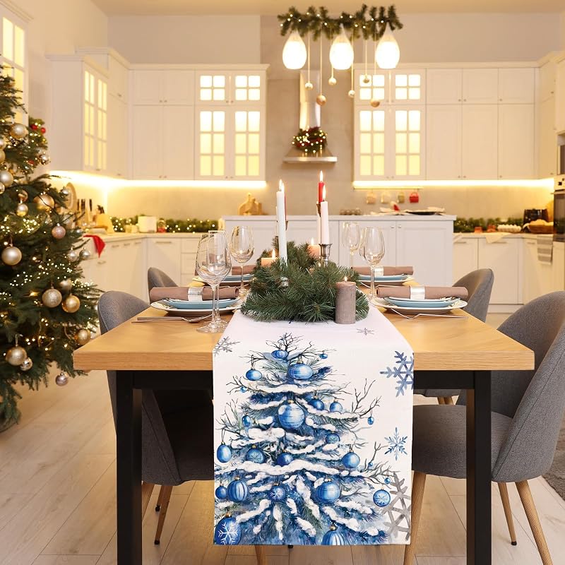 Winter Trees Table Runner 13x108 Inches with Frosty Roses & Christmas Trees – Burlap Style, Seasonal Decor (Variation: Winter Snowflakes Pine Tree 13x108)