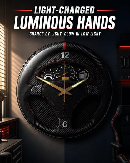 Garage Car Wall Clock - Black Sports Dashboard Style, Luminous Hands, 12 Inch