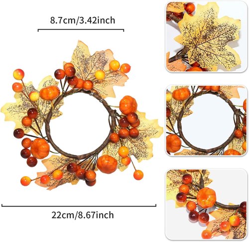 Fall Candle Rings by [Brand Name] - 3.5-Inch Decorative Taper Rings with Maple Leaves & Pumpkins | Set of 3 for Autumn Decor