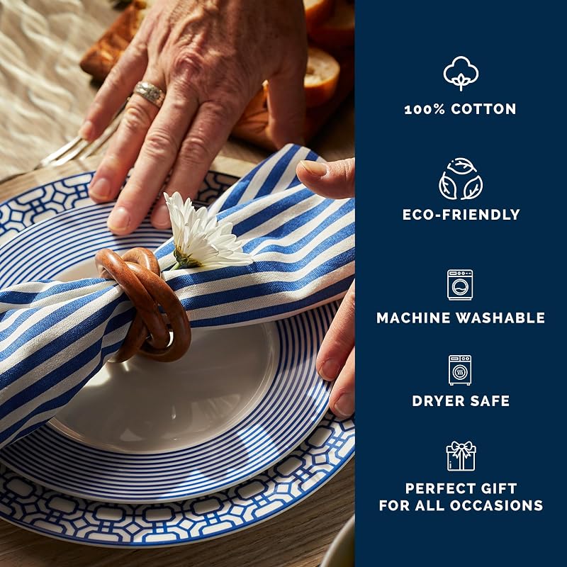 Pinstripe Blue Dinner Napkins Set of 4 - 22" x 22" Cotton Cloth Napkins (Variation: Pinstripe Blue+22" x 22" Set of 4)