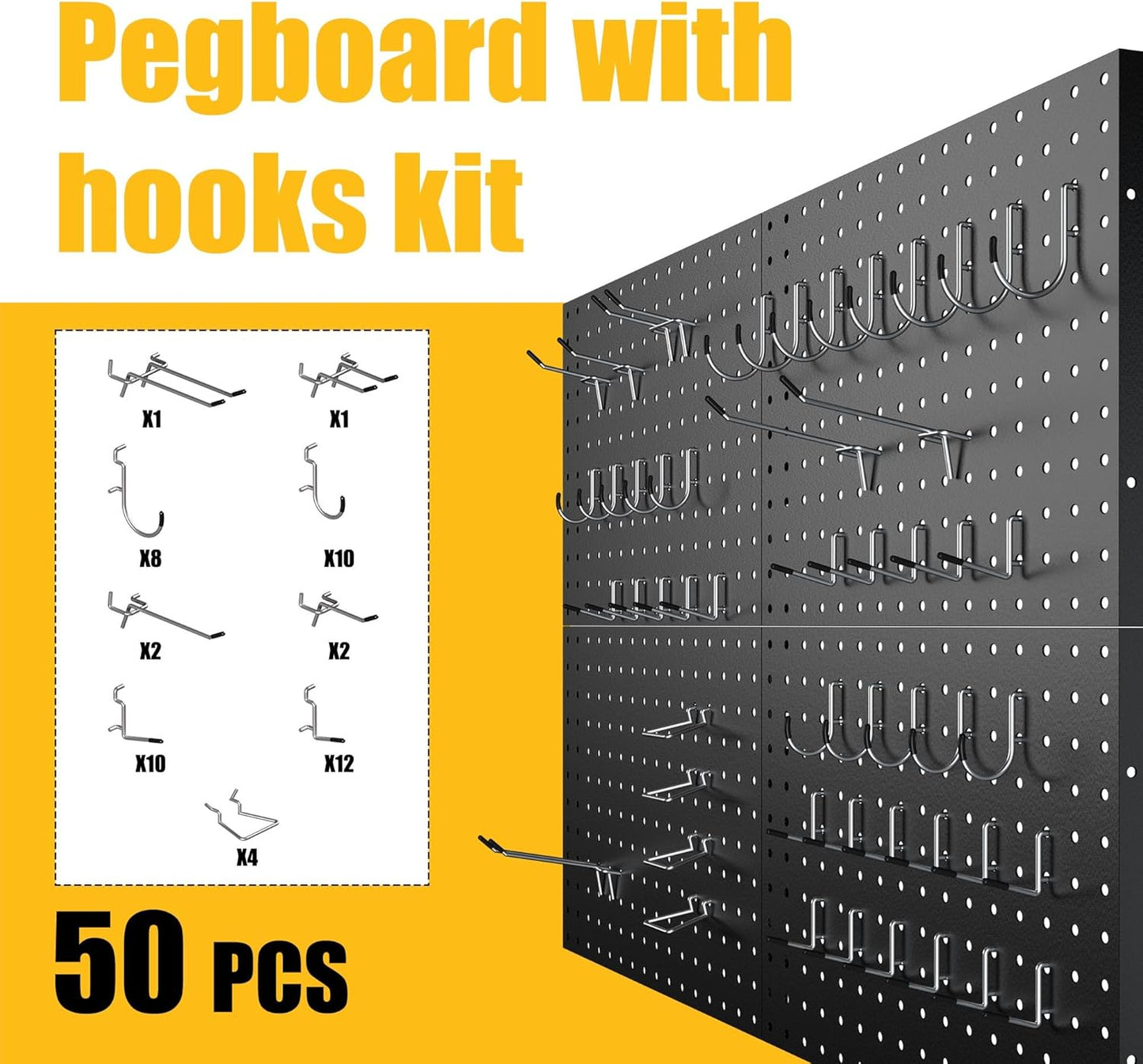 Spampur Metal Pegboard Panels - 4 Pack with 50 Hooks | Heavy-Duty Wall Organizer for Home & Garage