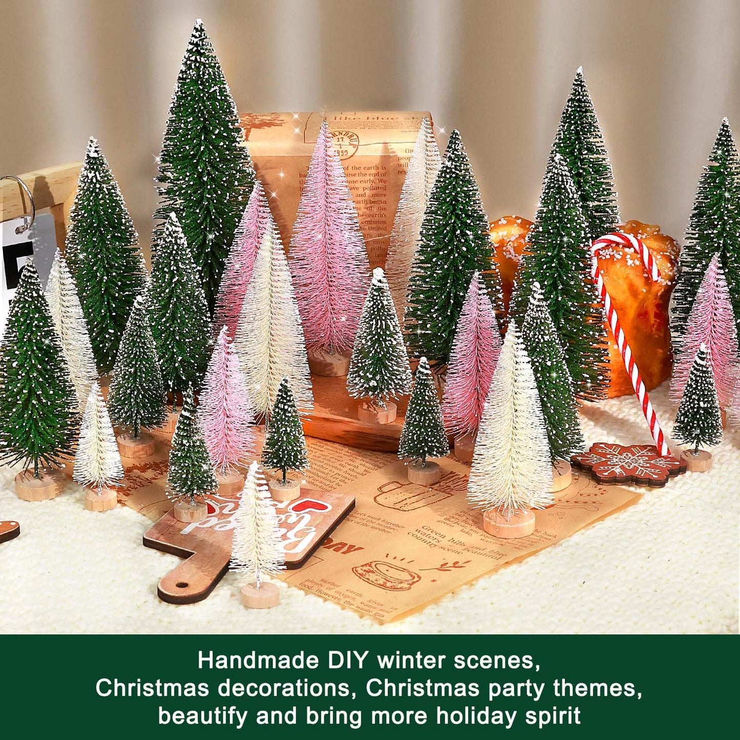 Skiennix 30Pcs Mini Christmas Trees - Artificial Bottle Brush Trees with Wooden Base | Festive Home Decor