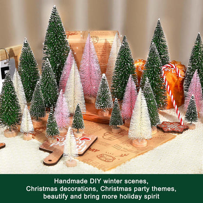 Skiennix 30Pcs Mini Christmas Trees - Artificial Bottle Brush Trees with Wooden Base | Festive Home Decor