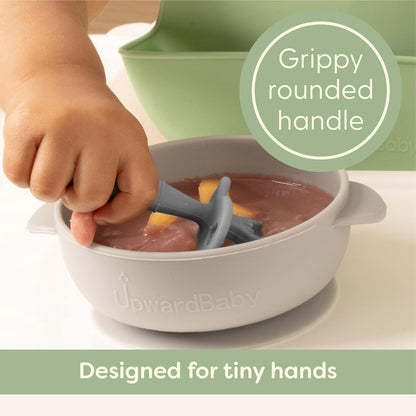 Upward Baby Spoons - Self-Feeding Toddler Utensils with Anti-Choke Barrier | 3 Pack, Silicone, Red/White/Blue