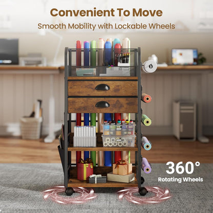 Wrapping Paper Storage Cart - Regine Switzerland Organizer with 2 Fabric Drawers & Lockable Wheels