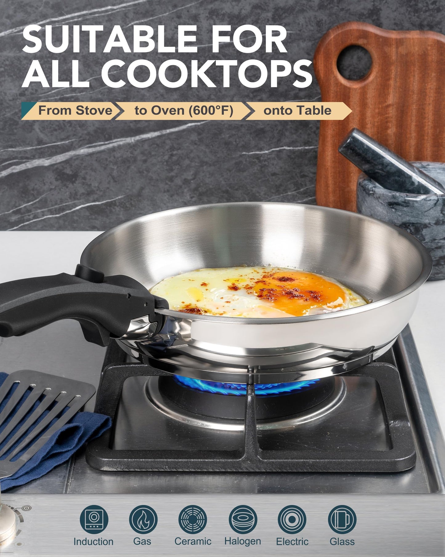 MICHELANGELO Stainless Steel Frying Pan Set, Cooking Pans with Removable Handle, Triply Base Stainless Steel Pan Set, Induction Compatible Skillet- 8" & 9.5" & 11"