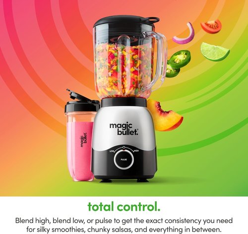 Magic Bullet Combo Blender - 600W Power with 48oz Pitcher & 16oz To-Go Cup | Easy Clean, Silver