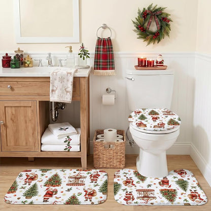 Santa Claus Shower Curtain Set - 4Pcs Holiday Bath Decor, 100% Polyester