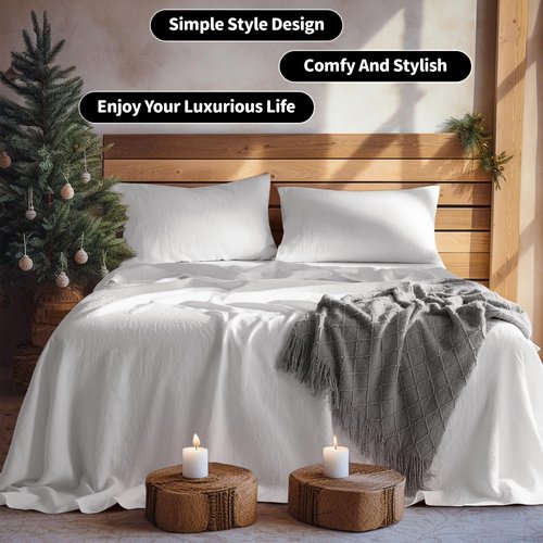 LBRO2M 100% Pure Linen Sheet Set Deep Pocket Up to 16" Bed Sheets Sets, Natural Flax Beddings Soft, Breathable, Comfortable for All Seasons 4 Pcs Sheet Set King Size, White