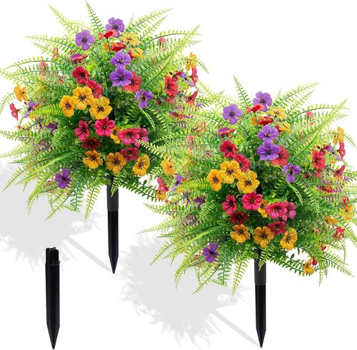 Daizy & Fern Artificial Boxwood Topiary Ball Trees - UV Resistant 23" Outdoor Shrubs with Colorful Flowers for Garden & Patio