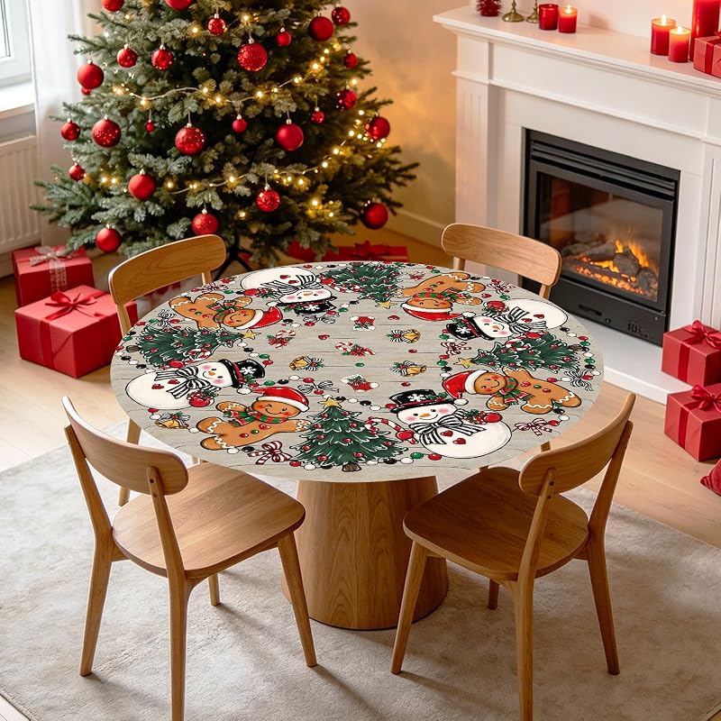 Christmas Snowman Fitted Tablecloth 40-44 Inch, Elastic Edge, Round Xmas Gingerbread Man