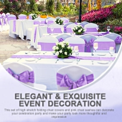 Lounsweer Folding Chair Cover Set - 50 Pcs with Stretch Spandex Slipcovers & Satin Sashes | White & Lavender