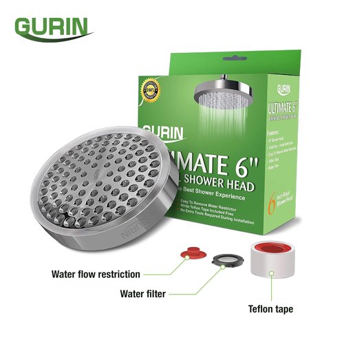 GURIN Shower Head High Pressure Rain Shower head - 6 Inch Luxury Design with Adjustable Angles, Anti-Clogging Nozzles, Easy 1-Min Install, Premium Chrome Finish for Bathroom (2.5 GPM)