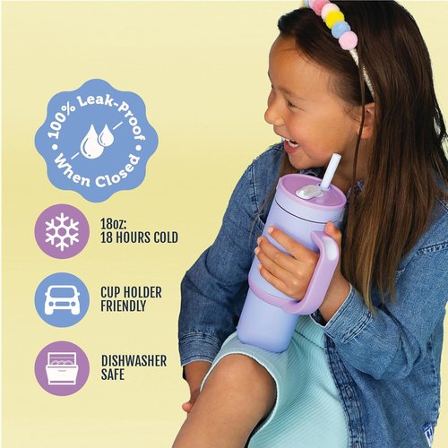 Ello Oasis 18oz Kids Tumbler - Leakproof Insulated Stainless Steel Cup with Handle & Straw | Lavender