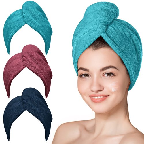 Hicober Microfiber Hair Towel, Hair Turbans for Wet Hair, Drying Hair Wrap Towels for Curly Hair Women Anti Frizz, 3 Packs (Plum,Navy,Aqua Green)