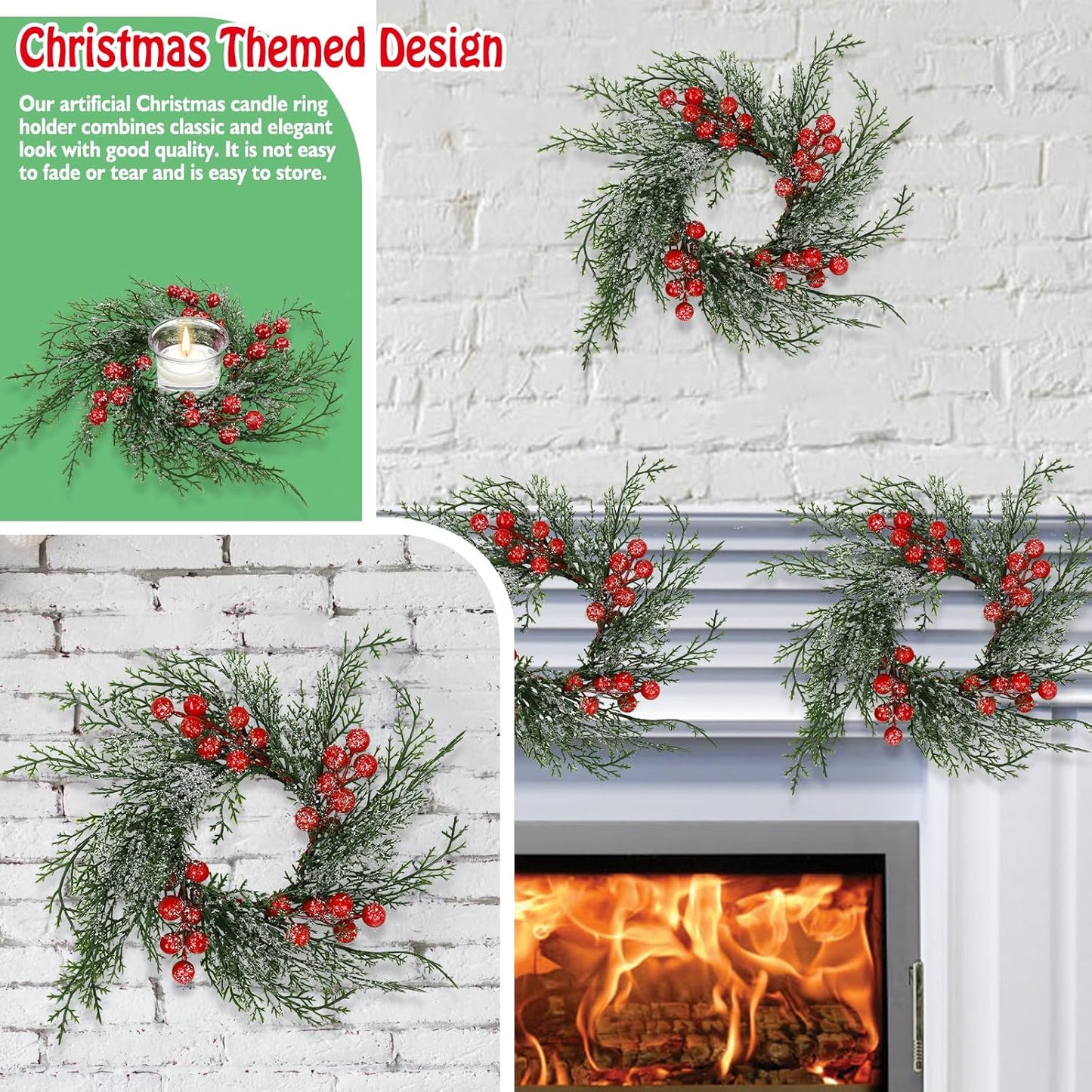 Regine Switzerland Christmas Candle Rings - 10 Pcs Red Berry & Snowy Pine Garland | Festive Table Centerpiece