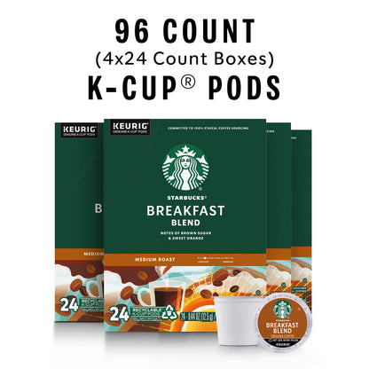 Starbucks K-Cup Coffee Pods, Medium Roast Hot or Iced Coffee, Breakfast Blend, 96 Keurig Pods