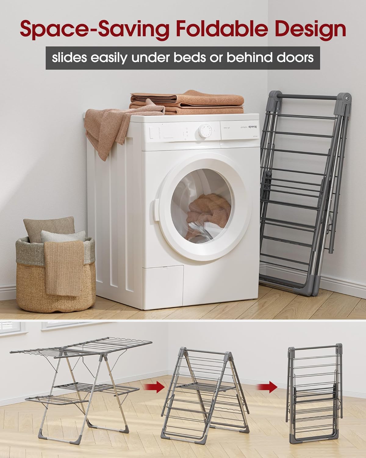 Sakugi Clothes Drying Rack - Foldable 2-Level Design with Height-Adjustable Wings | Space-Saving Indoor & Outdoor Use, Gray 55.5" L × 22.8" W